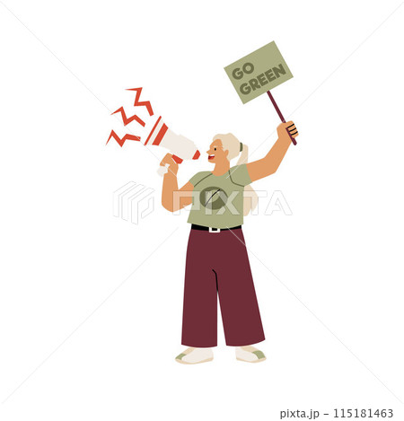 Woman with loudspeaker and calling poster Go green, agitation speaker ecology volunteer, vector flat nature eco activist Woman with loudspeaker and calling poster Go green, agitation speaker ecology volunteer, vector flat nature eco activist 115181463