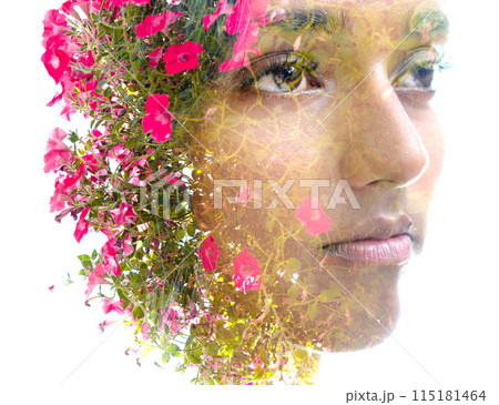 Double exposure portrait of a woman's face and bright pink flowers. 115181464