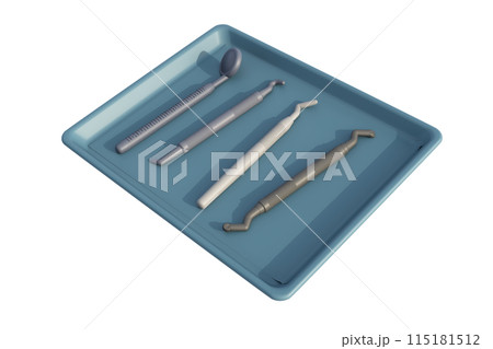3D rendering of dental tools arranged in tray on white background 3D rendering of dental tools arranged in tray on white background 115181512