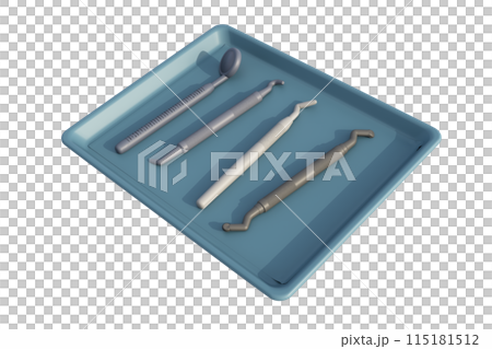 3D rendering of dental tools arranged in tray on white background 3D rendering of dental tools arranged in tray on white background 115181512