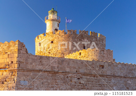 Fort of St Nicholas at sunset in Rhodes, Greece Fort of St Nicholas at sunset in Rhodes, Greece 115181523