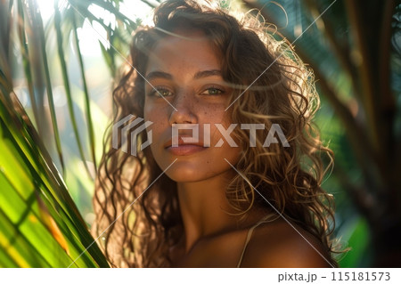 Young Woman with Curly Hair in Nature 115181573