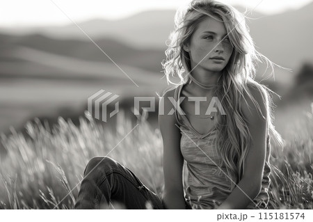 Pensive Young Woman in Nature 115181574