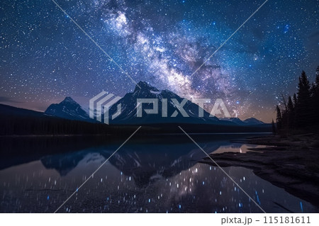 Starry Night Sky Over Mountain Reflected in Lake 115181611