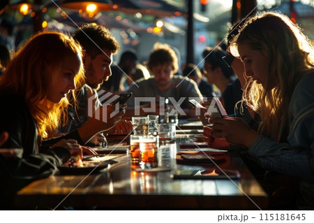 Group of Friends Using Smartphones at Cafe 115181645