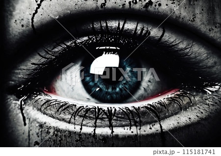 Abstract modern surreal background. Human eye on the grey concrete wall. 115181741