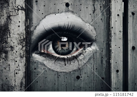 Abstract modern surreal background. Human eye on the grey concrete wall. 115181742