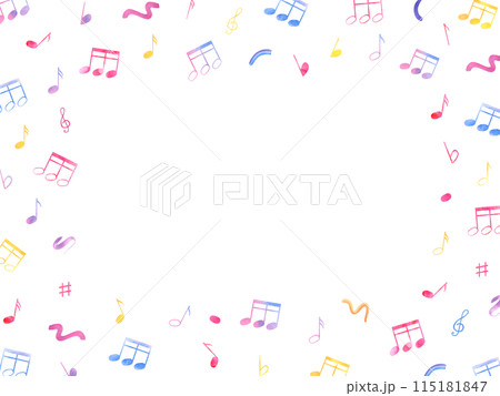 Music notes. Sound symbols in various colors. Horizontal frame with copy space for text. Audio elements, signal, voice recording. Watercolor illustration for musical school, greeting Music notes. Sound symbols in various colors. Horizontal frame with copy space for text. Audio elements, signal, voice recording. Watercolor illustration for musical school, greeting 115181847