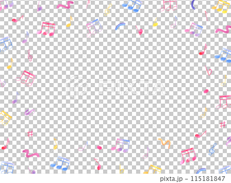 Music notes. Sound symbols in various colors. Horizontal frame with copy space for text. Audio elements, signal, voice recording. Watercolor illustration for musical school, greeting Music notes. Sound symbols in various colors. Horizontal frame with copy space for text. Audio elements, signal, voice recording. Watercolor illustration for musical school, greeting 115181847