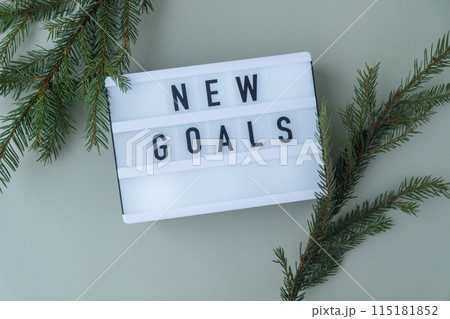 NEW GOALS text on Lightbox on green background with Christmas decor. New year aims resolutions. Planning and setting goals 115181852