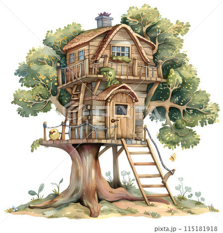 tree house Watercolor illustration isolated on white. 115181918