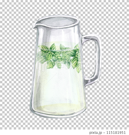 Transparent glass jug of mint lemonade in watercolor illustration on a white background. Handmade pitcher for cookbooks, lemonades, restaurant menu design, tablecloths, cards 115181951