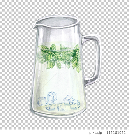 Clear glass pitcher of mint lemonade with ice cubes in watercolor illustration on white background. Hand drawn pitcher for cookbooks, lemonades, restaurant menu design, tablecloths, cards. Clear glass pitcher of mint lemonade with ice cubes in watercolor illustration on white background. Hand drawn pitcher for cookbooks, lemonades, restaurant menu design, tablecloths, cards. 115181952