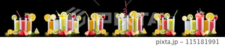 tasty summer fruits with juice in glass 115181991