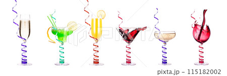 Different alcohol cocktails like beer, martini, soda, champagne, whiskey 115182002