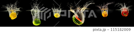 Group of falling fruits and vegetables in water with splash on black background 115182009
