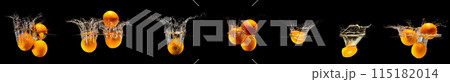 Group of fresh orange fruits falling in water with splash on black background Group of fresh orange fruits falling in water with splash on black background 115182014