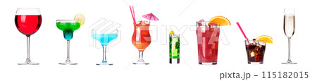 Different alcohol cocktails like beer, martini, soda, champagne, whiskey Different alcohol cocktails like beer, martini, soda, champagne, whiskey 115182015