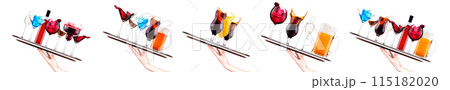 Hand holding tray with different alcohol cocktails isolated on white background Hand holding tray with different alcohol cocktails isolated on white background 115182020