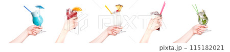 Set of hands offering cocktails like beer, martini, soda, champagne, whiskey Set of hands offering cocktails like beer, martini, soda, champagne, whiskey 115182021