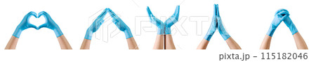 Doctor's hand in sterile medical gloves showing gesture or something on white Doctor's hand in sterile medical gloves showing gesture or something on white 115182046