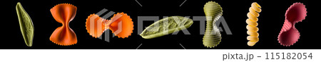 Set of different type of pasta isolated on black background 115182054
