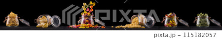 Jar of different type of pasta isolated on black background 115182057