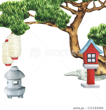 Japanese Paper Lantern, traditional Red Wooden Lantern and Bonsai tree of Pine for the Japanese Garden. Hand drawn Watercolor illustration with copy space. Landscape design element Japanese Paper Lantern, traditional Red Wooden Lantern and Bonsai tree of Pine for the Japanese Garden. Hand drawn Watercolor illustration with copy space. Landscape design element 115182060