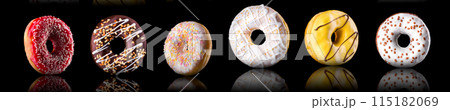 Set of chocolate donut isolated on a black background with reflection 115182069