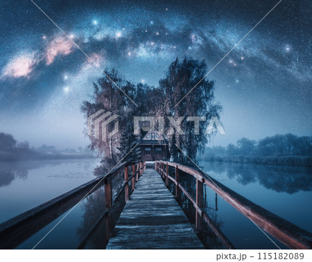 Wooden walkway and house surrounded by trees, Milky Way galaxy 115182089