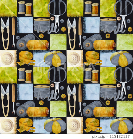 Hand drawn watercolor illustration sewing craft supplies. Fabric scissors pin cushion, ribbon bobbins bow, zipper, indigo ochre. Seamless pattern isolated dark background. Atelier, tailor, hobby shop 115182137