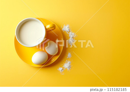 Bright yellow cup filled with milk accompanied by two eggs against a vibrant yellow background. 115182185