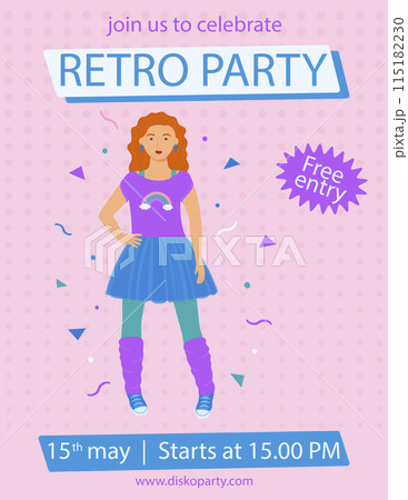 A4 poster with a girl in a T-shirt, skirt and leggings in a retro style. 90 characters. y2k characters. Fashion of the 90s. Vector illustration. A4 poster with a girl in a T-shirt, skirt and leggings in a retro style. 90 characters. y2k characters. Fashion of the 90s. Vector illustration. 115182230