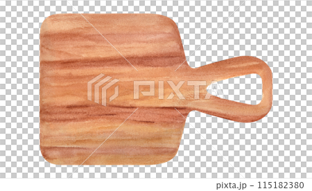 Wooden cutting board with smooth edges for cutting food. Handle with hook hole. Eco friendly crafted food utensil. Chopping board with wood light brown texture. Top view. Watercolor illustration 115182380