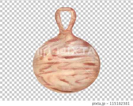Oval wooden board for cutting food. Handle with hook hole. Crafted unusual food utensil. Chopping board with brown texture. Top view. Watercolor illustration for decor, as template 115182381