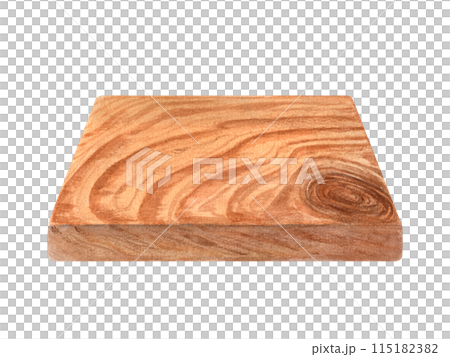 Rectangular surface of brown wooden tray. Hardwood plank with natural texture. Perspective view. Serving oak board. Watercolor illustration. Wooden element for serving food, interior design. 115182382