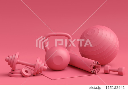 Isometric view of sport equipment like kettlebell, fitness ball and yoga mat Isometric view of sport equipment like kettlebell, fitness ball and yoga mat 115182441