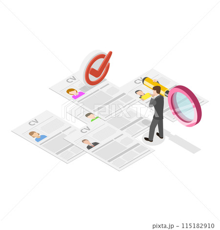 3D Isometric Flat Illustration of Hiring Process Set, HR Recruitment Scenes. Item 3 115182910
