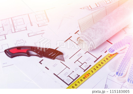 Building plan. Linoleum and flooring installation tools. Repair in the house. Building plan. Linoleum and flooring installation tools. Repair in the house. 115183005