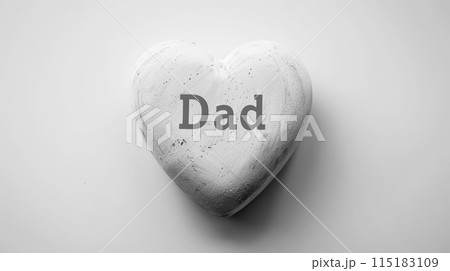 Minimalist Heart-Shaped Stone with Dad Inscription on White Background. Perfect for Father's Day and Family Celebrations 115183109