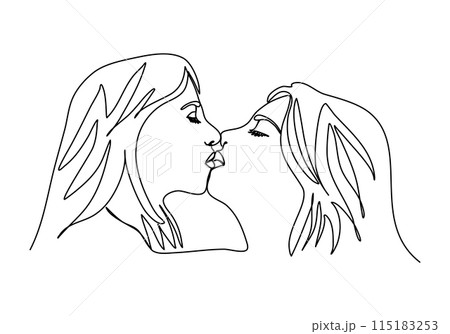 Two girls kiss. One line drawing vector illustration. Two girls kiss. One line drawing vector illustration. 115183253