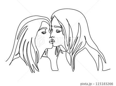 Two girls kiss. One line drawing vector illustration. 115183266