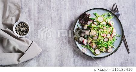 Vegetarian vegetable salad of radish, cucumber, lettuce on a plate top view web banner 115183410