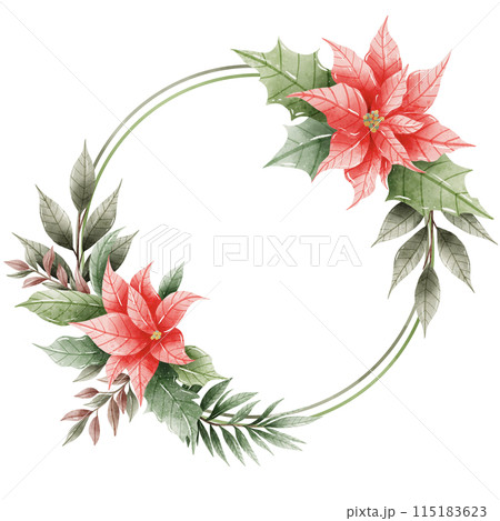 Watercolor Hand drawn illustration Christmas compositions with poinsettia flowers Frame for holiday invitation, card design clipart print new year decor for print, label, invitation design  115183623