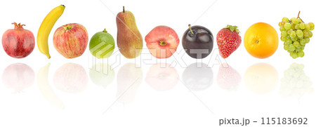 Variety of healthy fruits and berry with light reflection isolated on white 115183692
