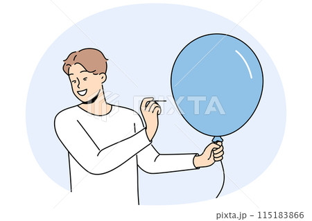 Man with balloon holds needle, wanting to make loud explosion to cheer people around Man with balloon holds needle, wanting to make loud explosion to cheer people around 115183866