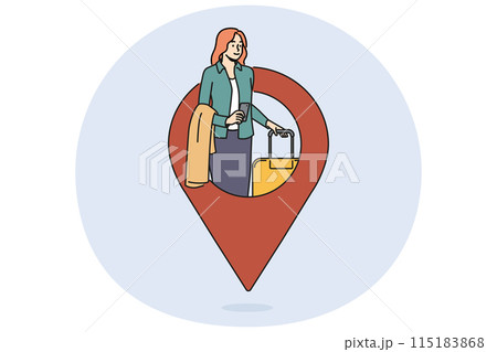 Traveling woman with suitcase near giant GPS pin for concept of navigation and logistics for tourism 115183868