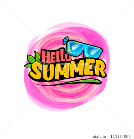 Groovy Hello summer vector logo with text and vintage retro blue sunglasses isolated on background. Hello summer pink label, icon, print, banner design template with cartoon sunglasses, summer vibe Groovy Hello summer vector logo with text and vintage retro blue sunglasses isolated on background. Hello summer pink label, icon, print, banner design template with cartoon sunglasses, summer vibe 115184060