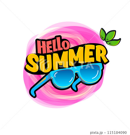 Groovy Hello summer vector logo with text and vintage retro blue sunglasses isolated on background. Hello summer pink label, icon, print, banner design template with cartoon sunglasses, summer vibe 115184090