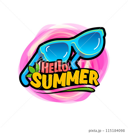 Groovy Hello summer vector logo with text and vintage retro blue sunglasses isolated on background. Hello summer pink label, icon, print, banner design template with cartoon sunglasses, summer vibe 115184098
